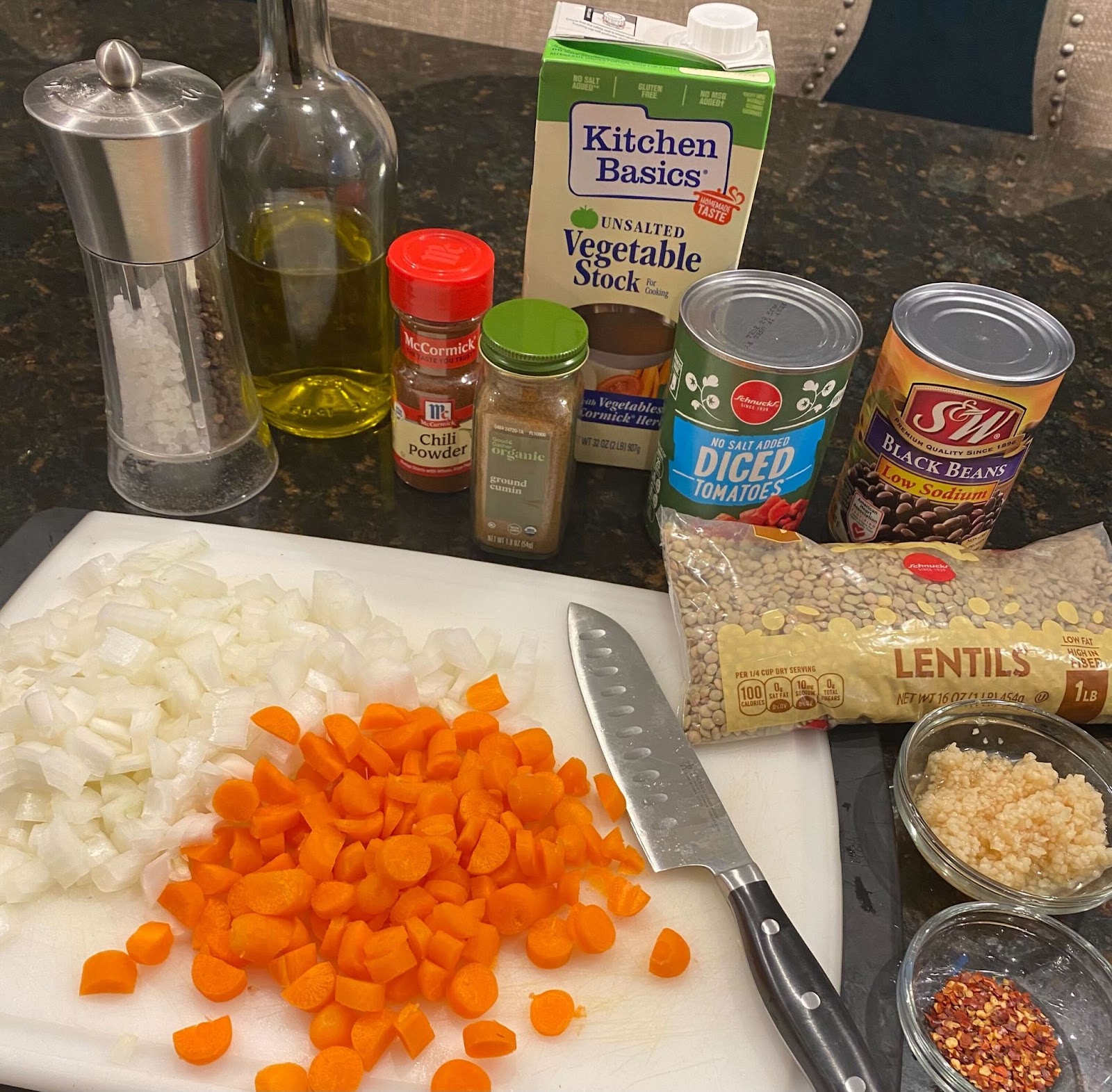 Ingredients for Protein Packed Black Bean and Lentil Soup, a heart-healthy recipe prepared by Jen from Advantia Health. 