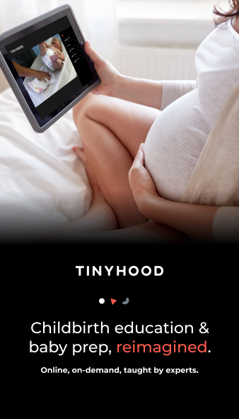 Postcard with info on Tinyhood, a pregnancy, postpartum, and baby parenting resource.