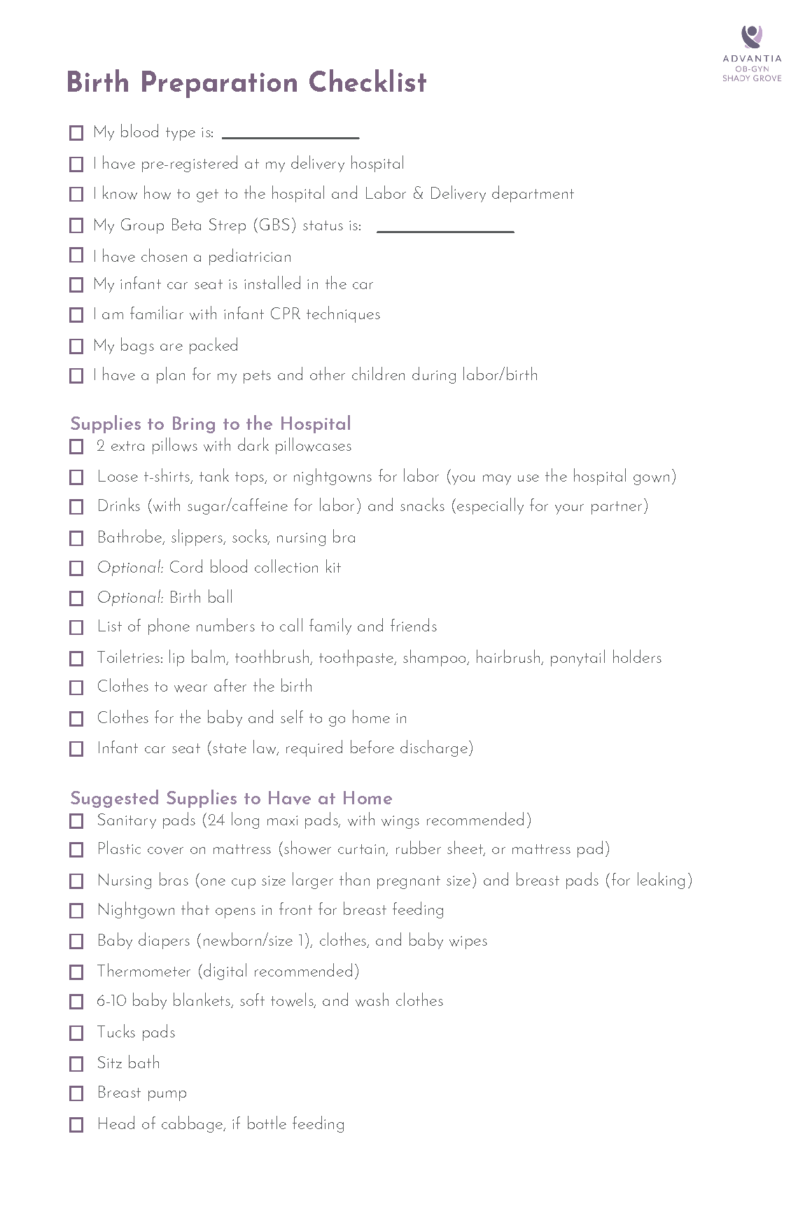 Birth Preparation Checklist