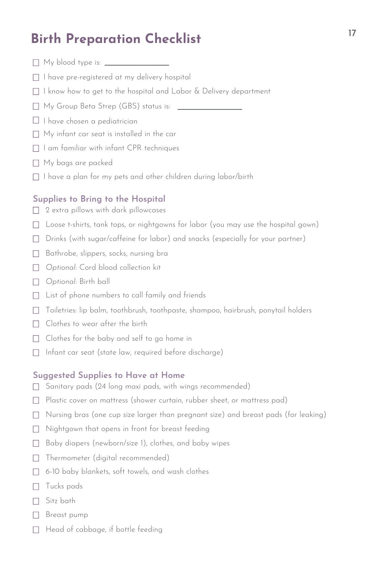 Birth Preparation Checklist